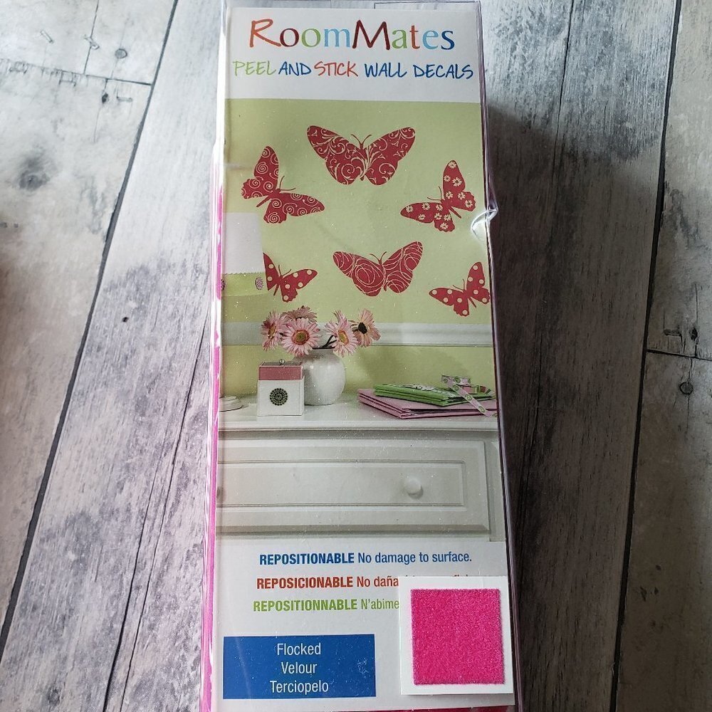 RoomMates Peel & Stick Wall Decals Flocked Butterflies In Pink